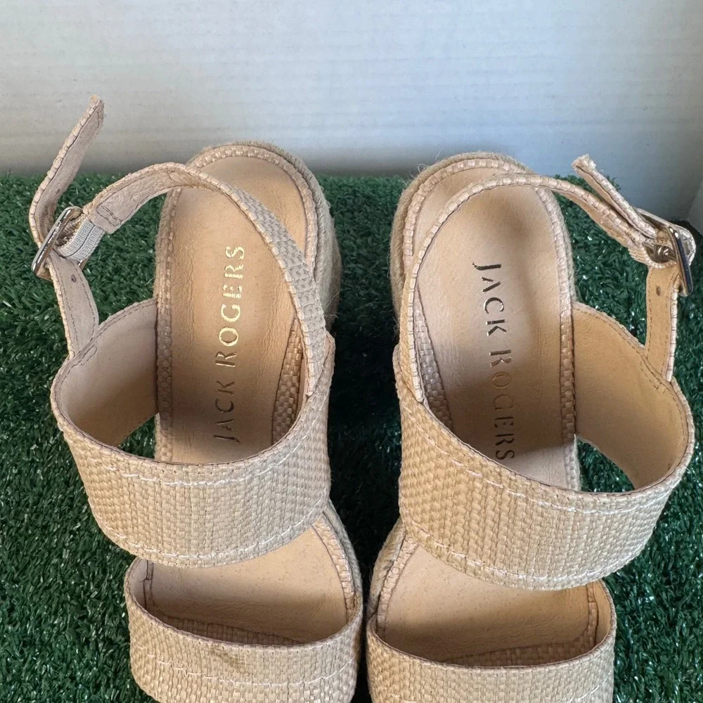 Jack Rogers Womens Sunset Wedge Sandals Natural Woven Raffia Beige Size 6.5M